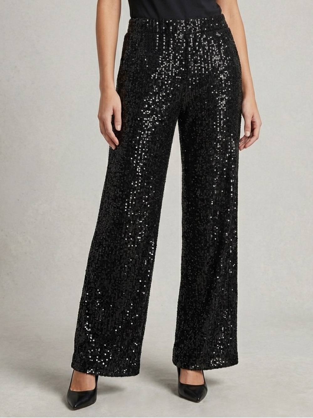 Black Label by Chicos Black Sequin Wide Leg Pants Size 12 Gala Evening